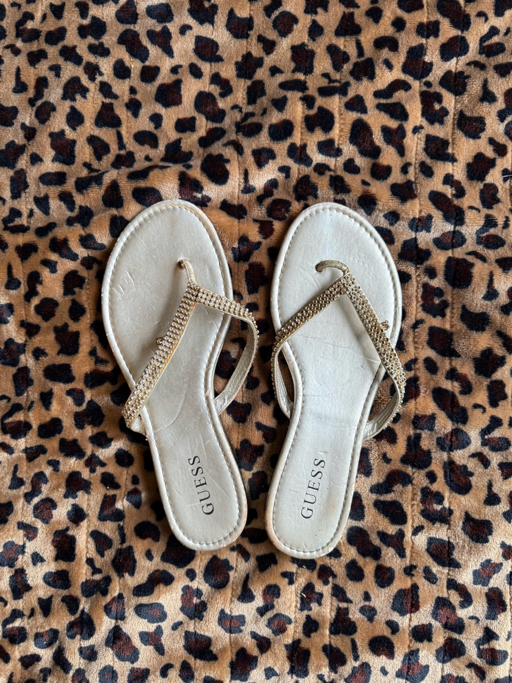 GUESS Metallic Gold Rhinestone Strap Slide Sandals